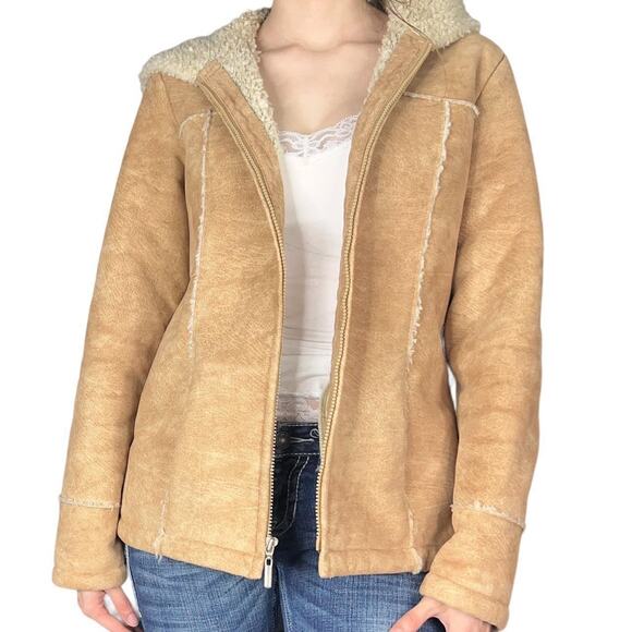 Y2K Sherpa Lined Zip Front Afghan Coat Faux Suede Size Small - Picture 2 of 8